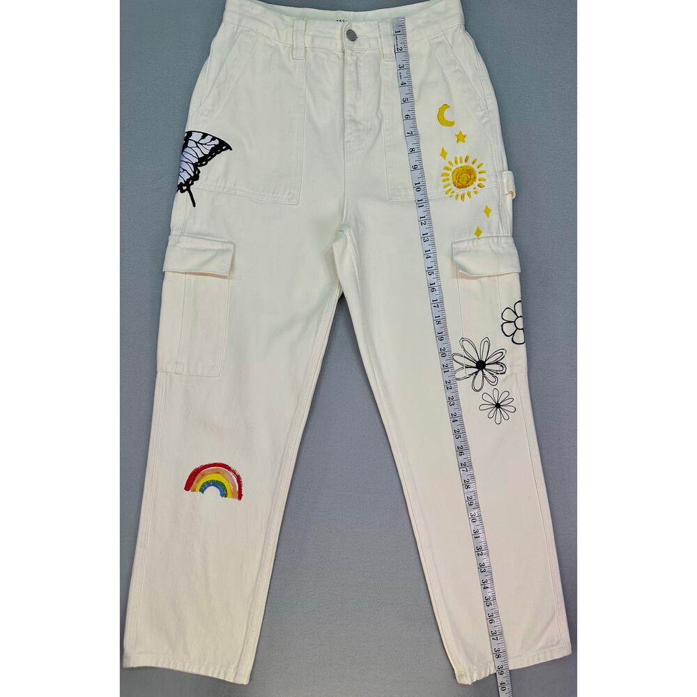 PacSun Sketchbook High Rise Carpenter Cargo Jeans Cream Doodle Size 27 - Picture 8 of 12